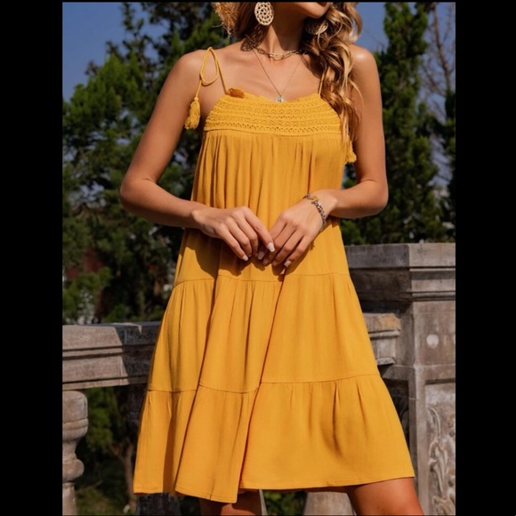 NEW Lightweight Cotton Cami Mustard Dress Spaghetti Straps Ruffle Hem Summer - Picture 4 of 6